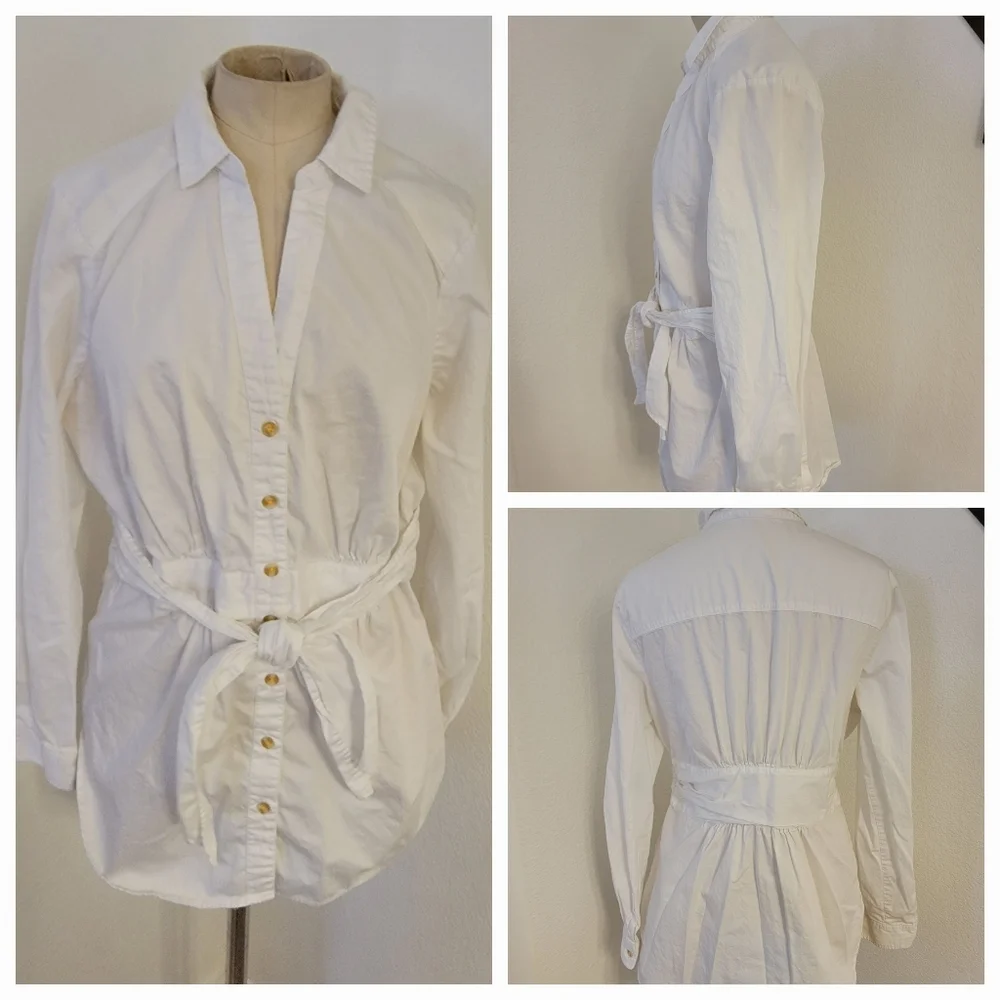 Maeve By Anthropologie Sz 14 Button Up Shirt White Waist Tie